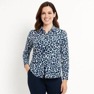Talbots Womens Shirt Button Front Blue Animal Print Roll Sleeve Petite Size Lp